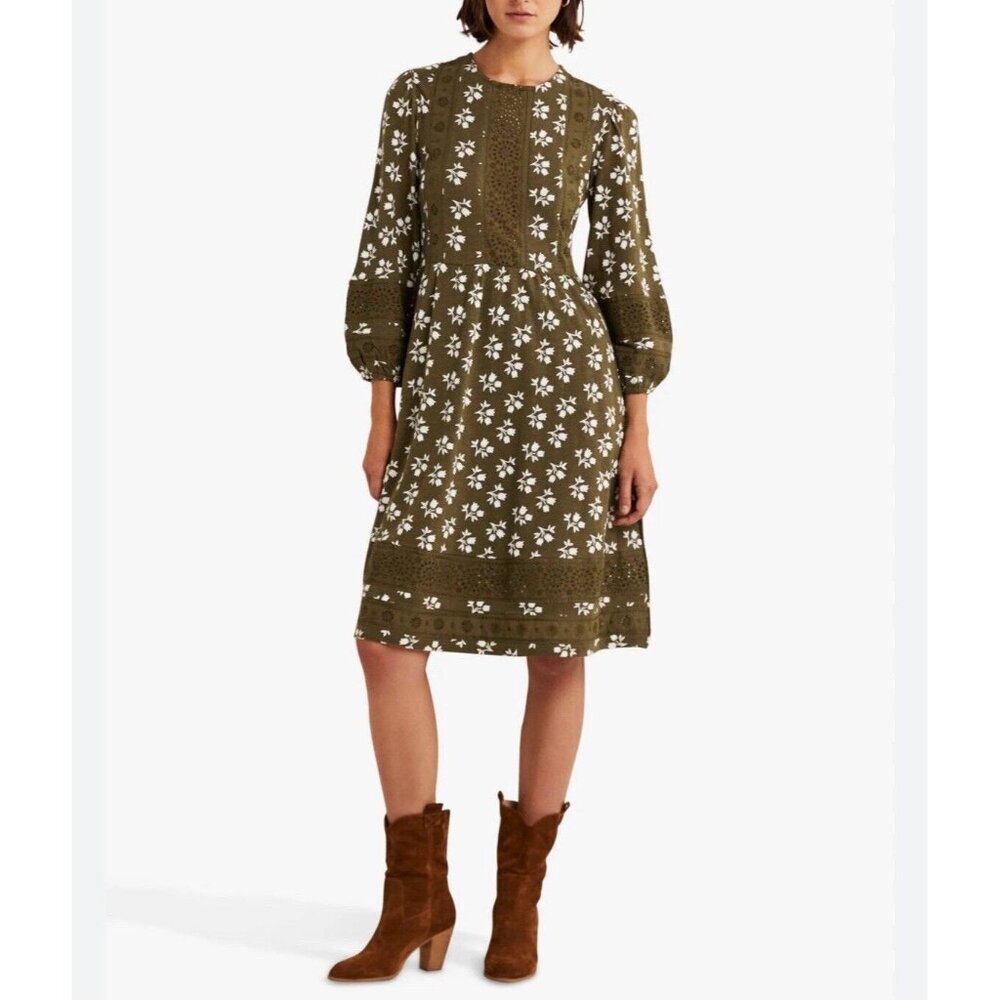 Boden Olive Green Long Sleeve Floral Midi Dress with White Print - Picture 3 of 14